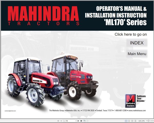 Mahindra Tractor ML170 Series Operator Manual and Installation Instruction