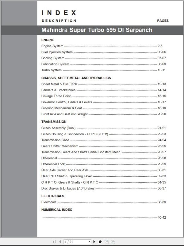 Mahindra Tractor Super Turbo 595 DI Sarpanch Parts Manual