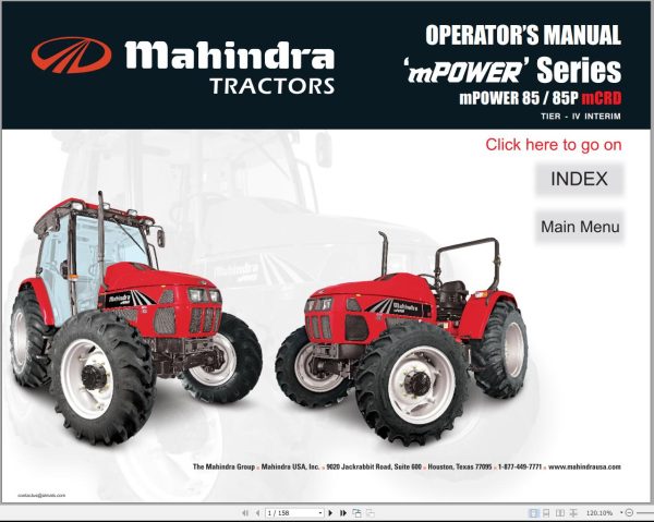 Mahindra Tractor mPOWER Series 85 85P mCRD Operator Manual