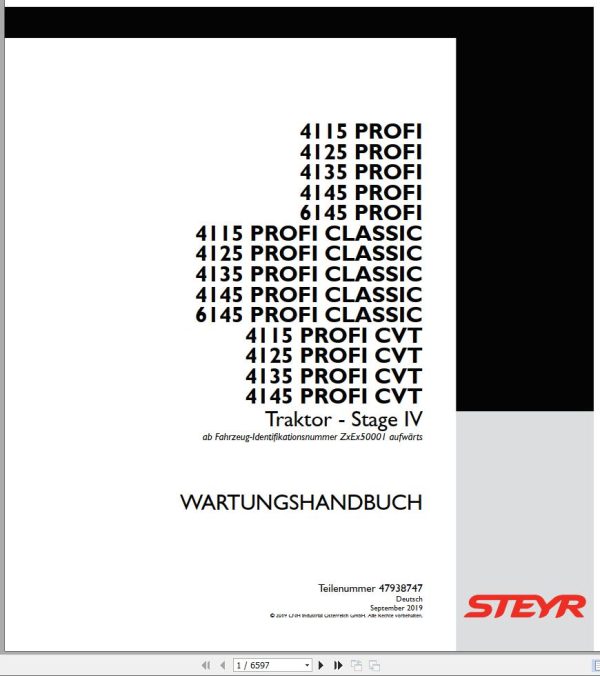 Steyr Agricultural Tractor 4115 6145 PROFI CLASSIC CVT Maintenance Manual 09.2019 DE