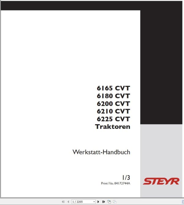 Steyr Agricultural Tractor 6165 6180 6200 6210 6225 CVT Workshop Manual DE