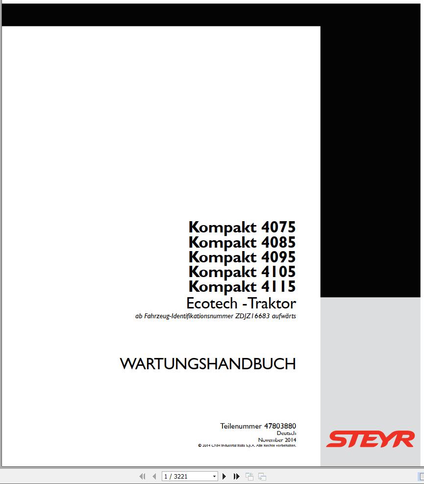 Steyr Agricultural Tractor Compact 4075 4085 4095 4105 4115 Ecotech Maintenance Manual DE 2014