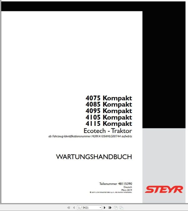 Steyr Agricultural Tractor Compact 4075 4085 4095 4105 4115 Ecotech Maintenance Manual DE 2019