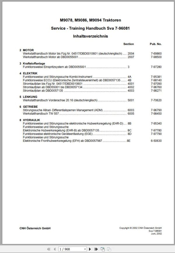 Steyr Agricultural Tractor M9078 M9086 M9094 Service Training Manual DE
