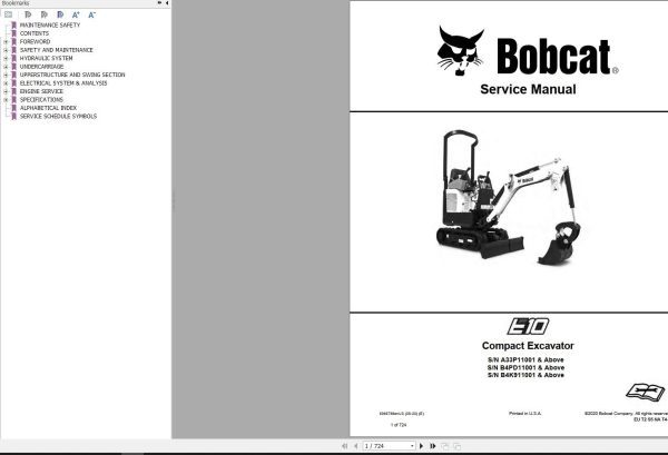 Bobcat Compact Excavator E10 Service Manual 6986788 2020