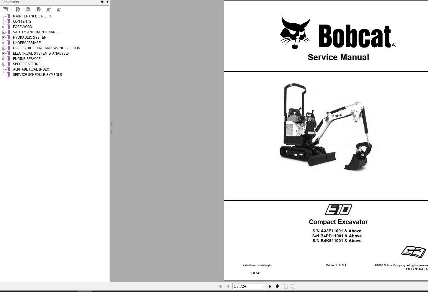 Bobcat Compact Excavator E10 Service Manual 6986788 2020