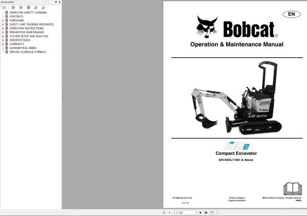 Bobcat Compact Excavator E10e Operation and Maintenance Manual 7371588 2019