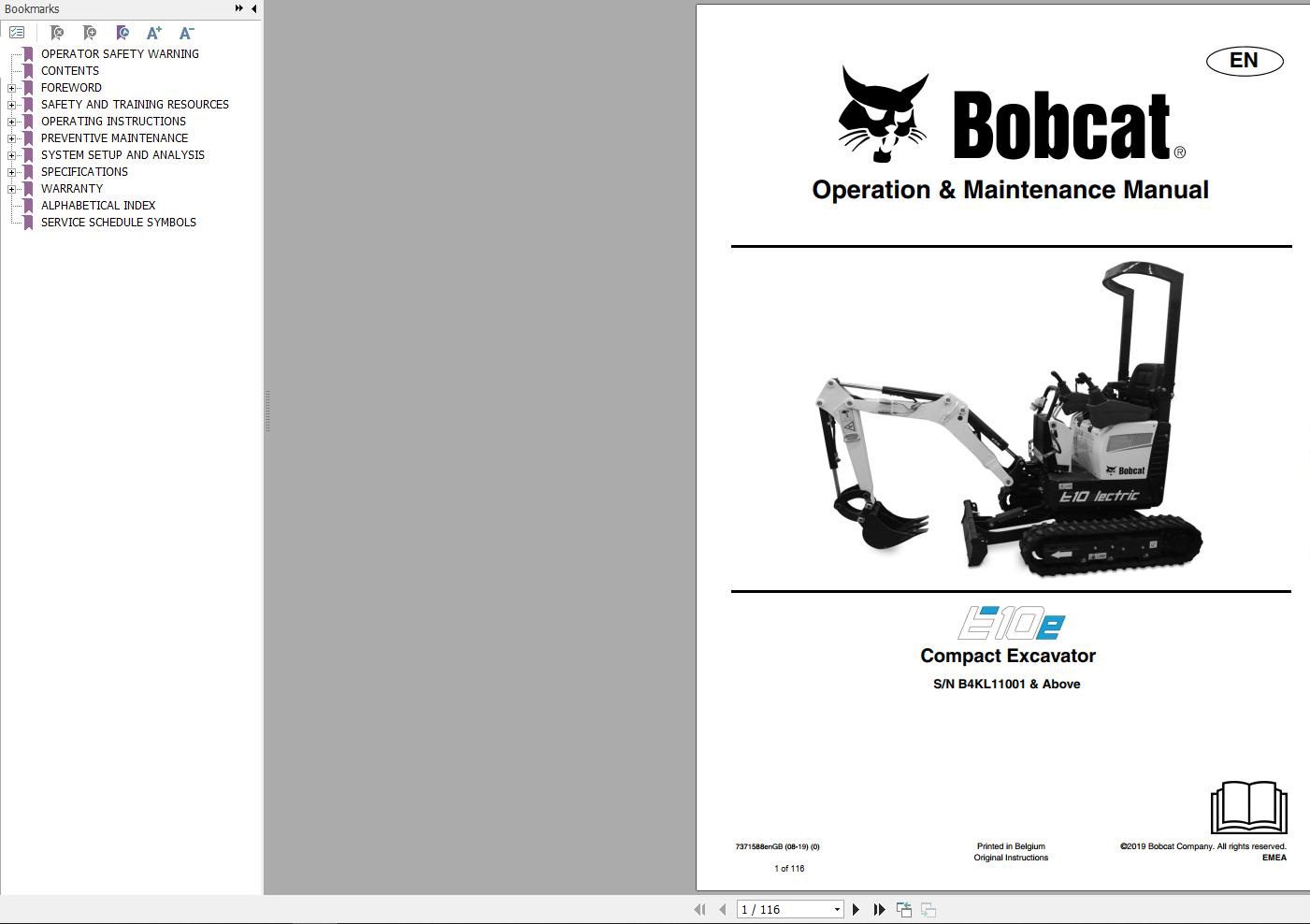 Bobcat Compact Excavator E10e Operation and Maintenance Manual 7371588 2019