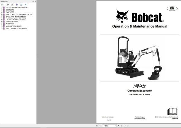 Bobcat Compact Excavator E10z Operation and Maintenance Manual 7349189 2020