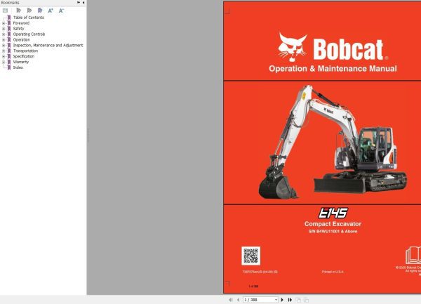 Bobcat Compact Excavator E145 Operation and Maintenance Manual 7387075 2020