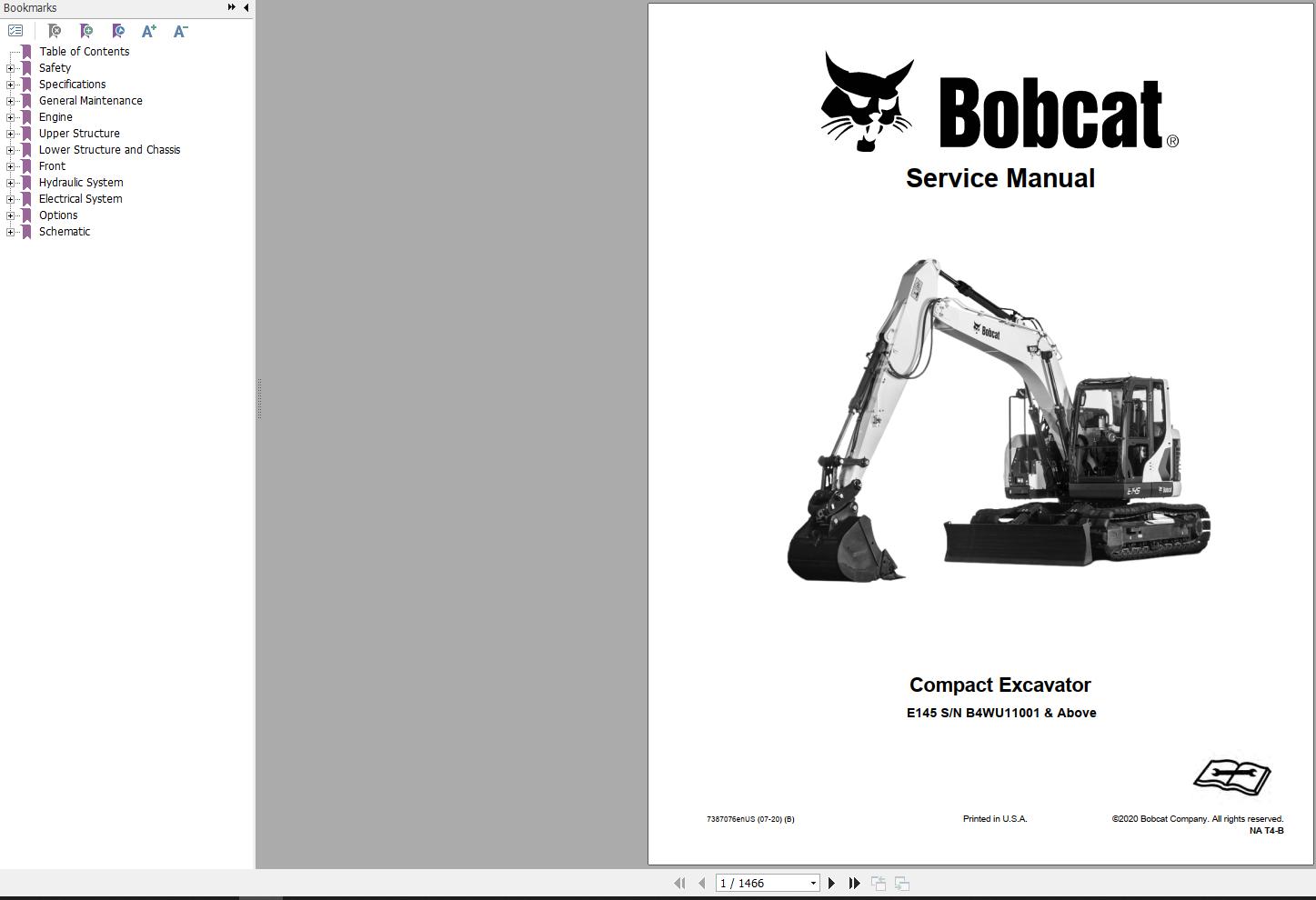 Bobcat Compact Excavator E145 Service Manual 7387076 2020