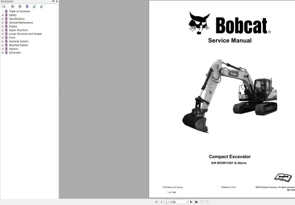 Bobcat Compact Excavator E165 Service Manual 7407615 2020