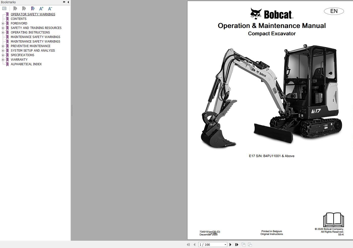 Bobcat Compact Excavator E17 Operation and Maintenance Manual