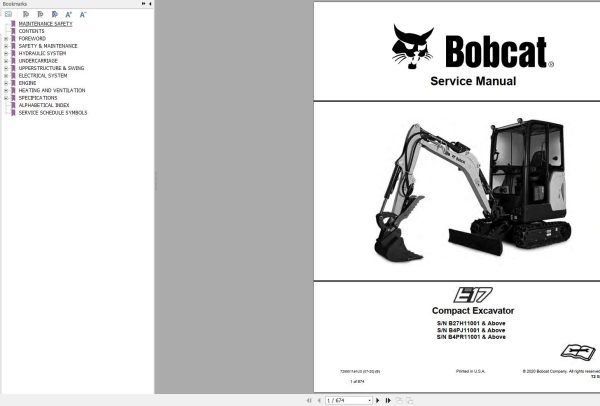 Bobcat Compact Excavator E17 Service Manual 7255011 2020