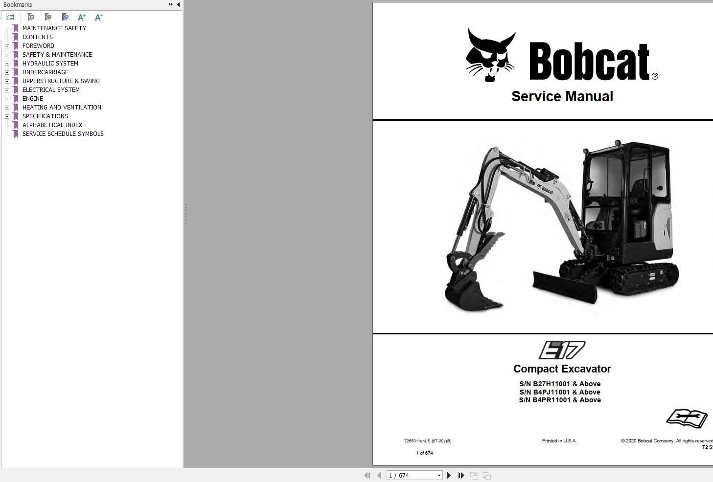 Bobcat Compact Excavator E17 Service Manual 7255011 2020