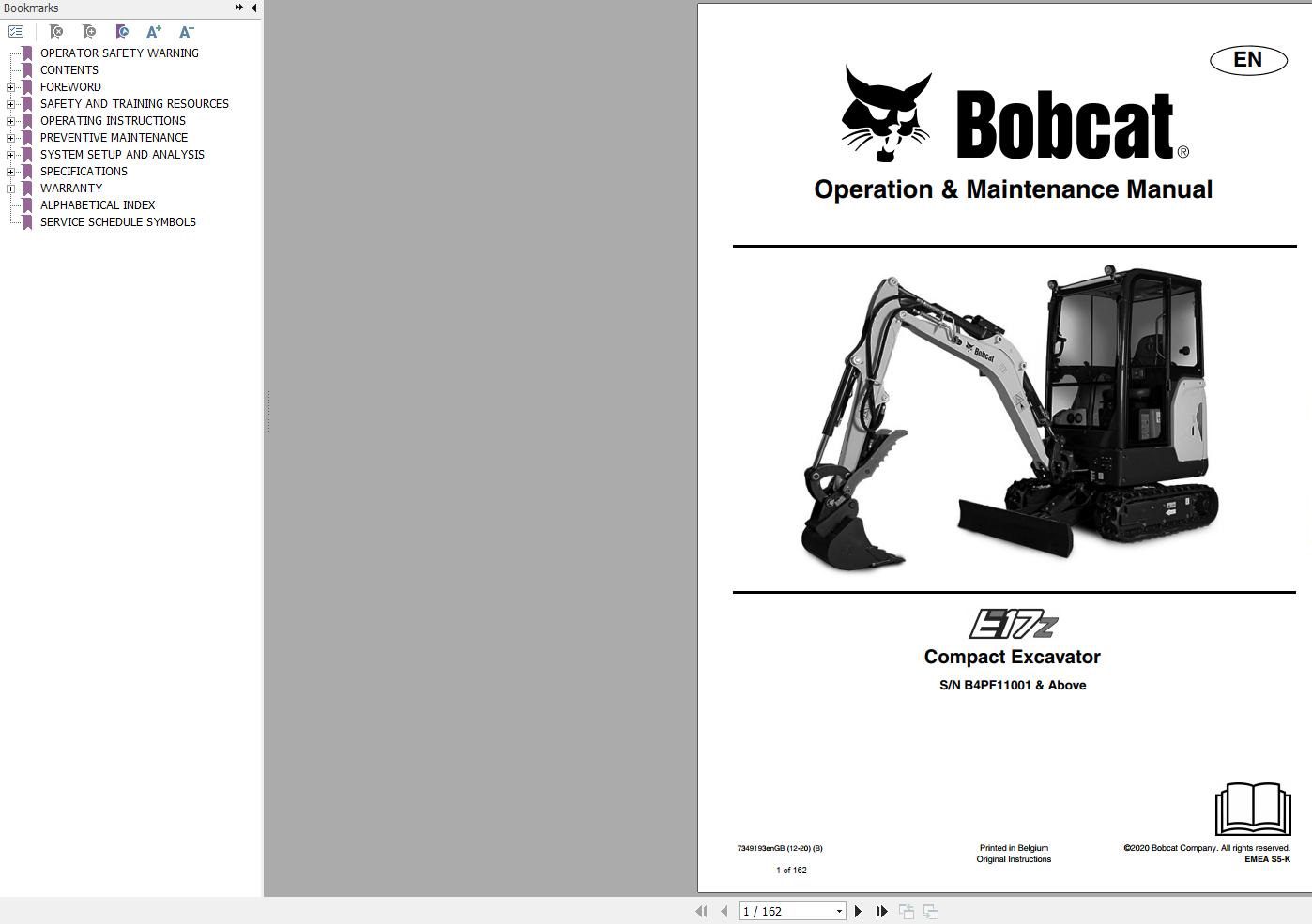 Bobcat Compact Excavator E17z Operation and Maintenance Manual 2020
