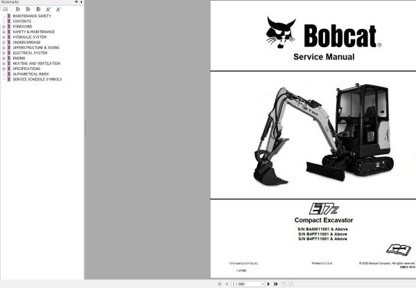 Bobcat Compact Excavator E17z Service Manual 2020