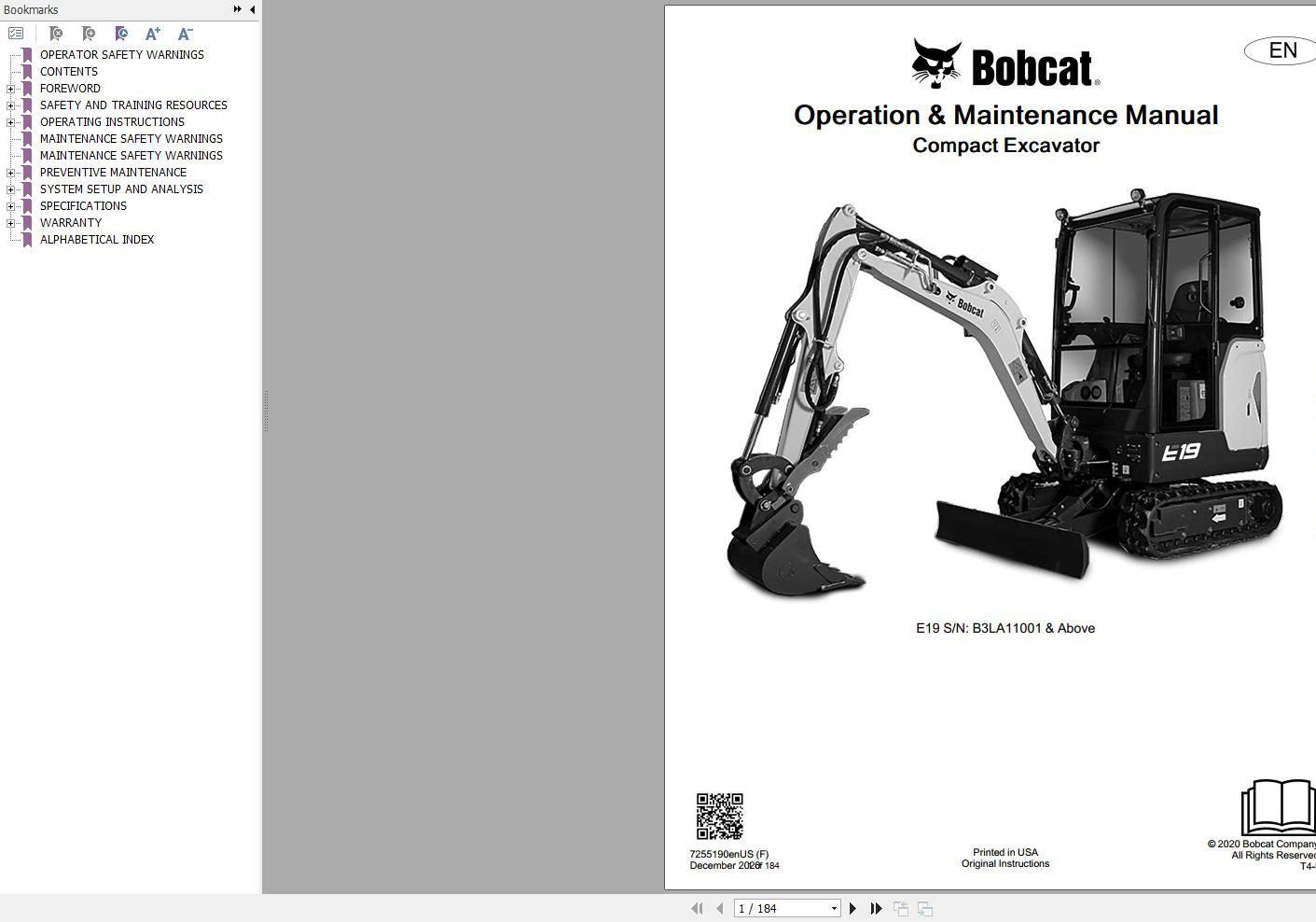 Bobcat Compact Excavator E19 Operation and Maintenance Manual 2020