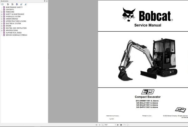 Bobcat Compact Excavator E19 Service Manual 7255013 2020