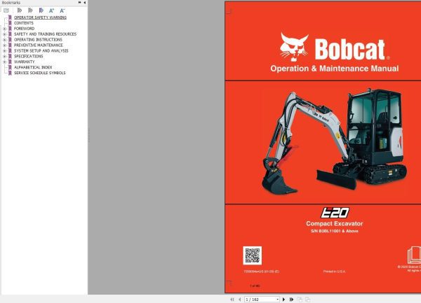 Bobcat Compact Excavator E20 Operation and Maintenance Manual 2020