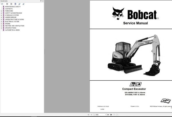 Bobcat Compact Excavator E20 Service Manual 7255008 2020