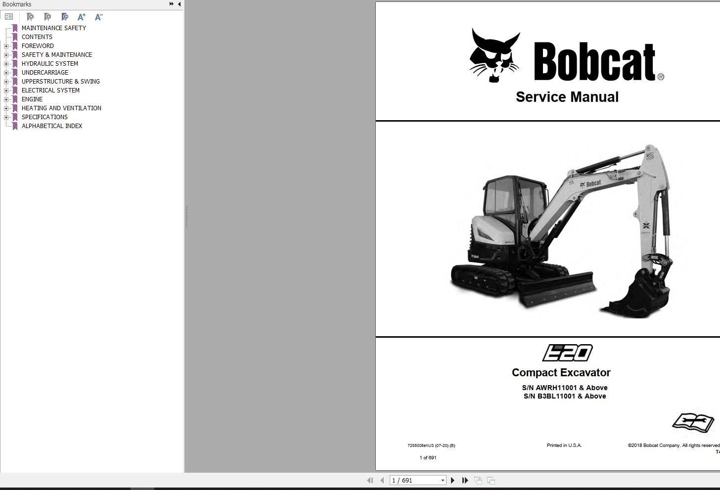Bobcat Compact Excavator E20 Service Manual 7255008 2020