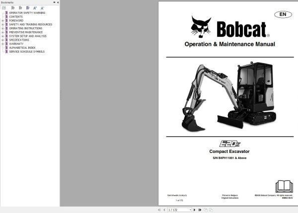 Bobcat Compact Excavator E20z Operation and Maintenance Manual 2020