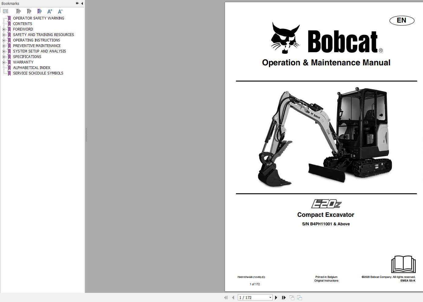 Bobcat Compact Excavator E20z Operation and Maintenance Manual 2020