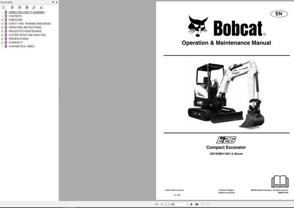 Bobcat Compact Excavator E26 Operation and Maintenance Manual 2020