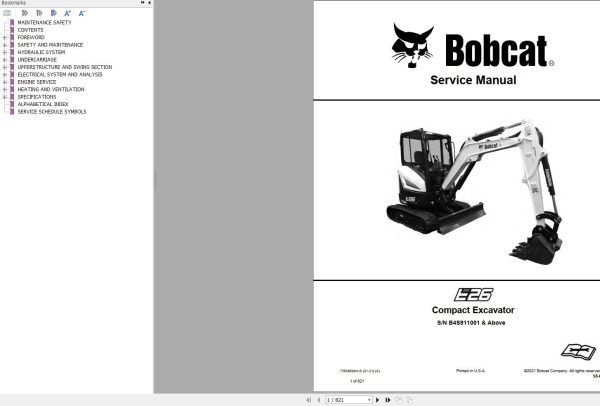 Bobcat Compact Excavator E26 Service Manual 7354962 2021