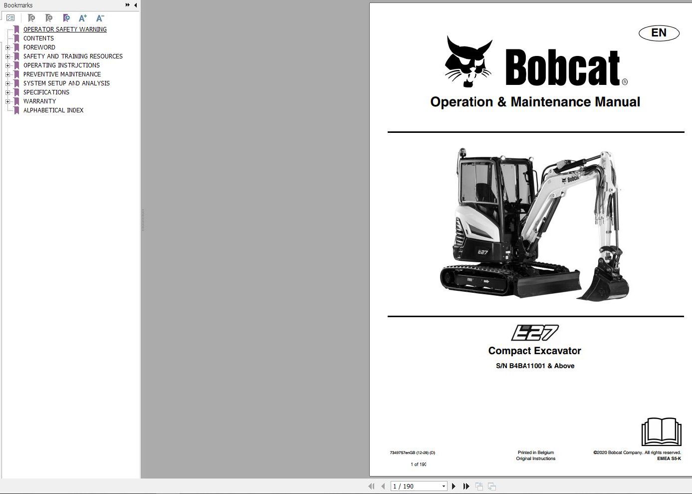 Bobcat Compact Excavator E27 Operation and Maintenance Manual 2020