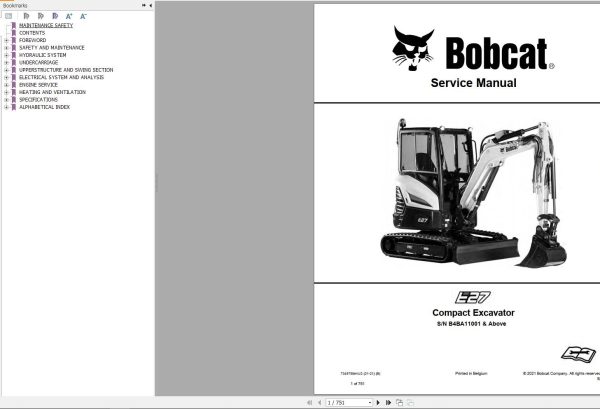 Bobcat Compact Excavator E27 Service Manual 7349758 2021