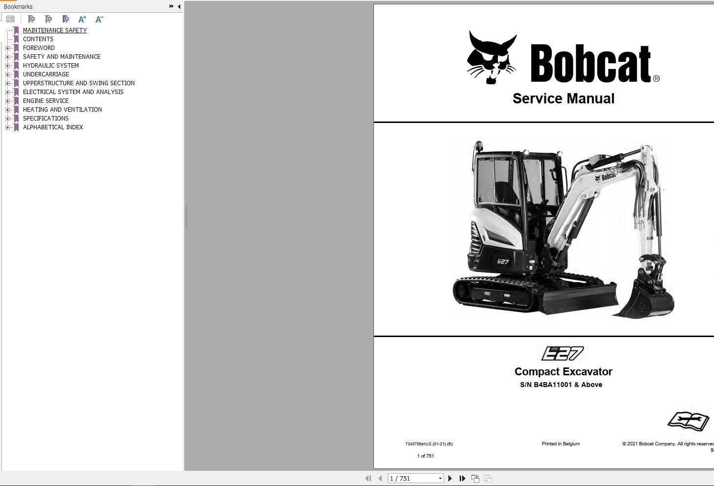 Bobcat Compact Excavator E27 Service Manual 7349758 2021
