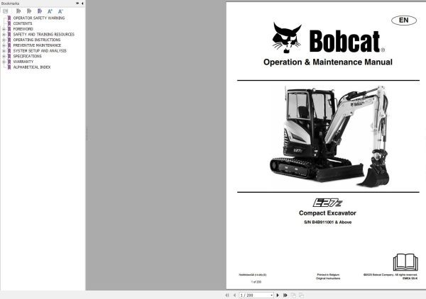 Bobcat Compact Excavator E27z Operation and Maintenance Manual 2020