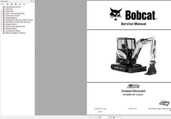 Bobcat Compact Excavator E27z Service Manual 2021