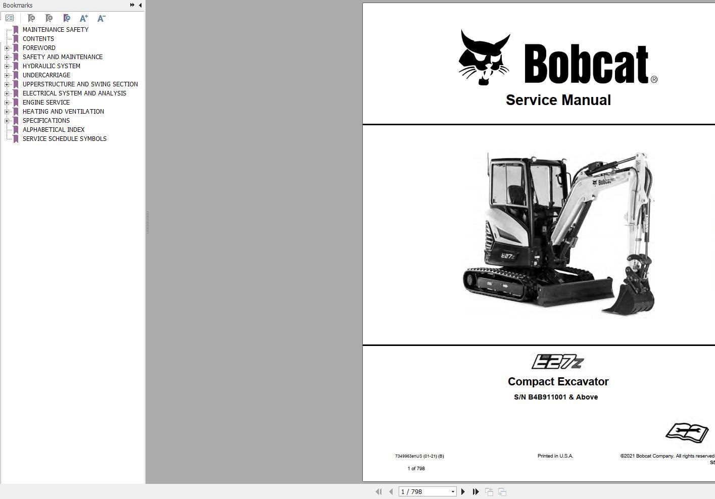 Bobcat Compact Excavator E27z Service Manual 2021