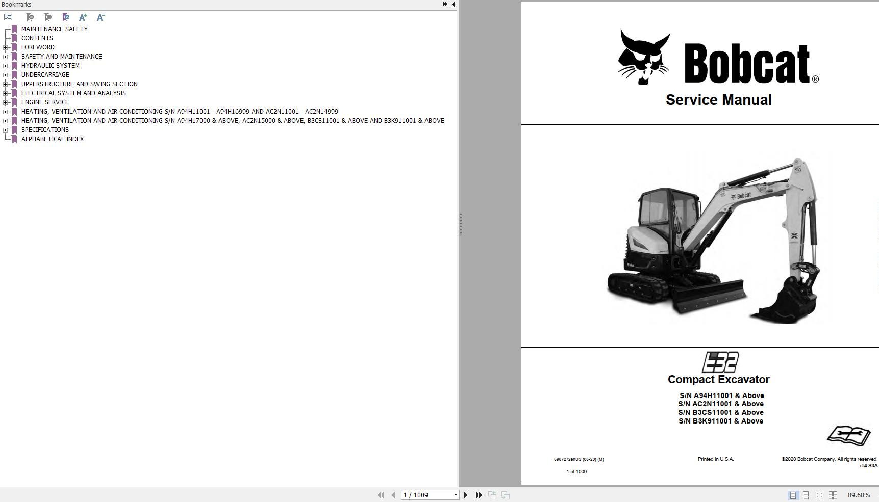 Bobcat Compact Excavator E32 Service Manual 2020