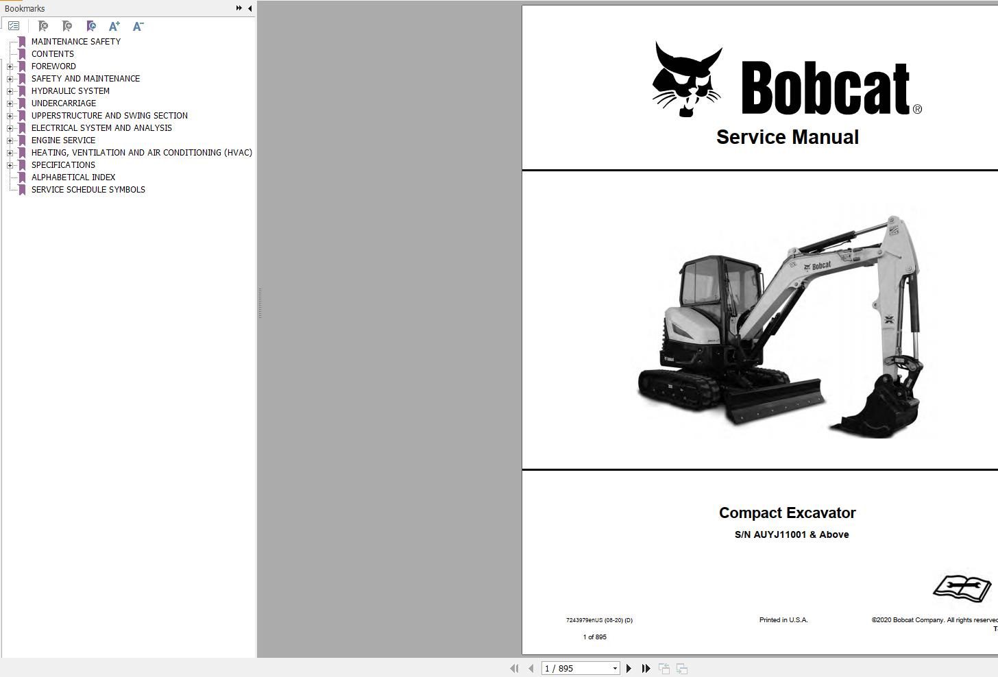 Bobcat Compact Excavator E32i Service Manual 7243979 2020