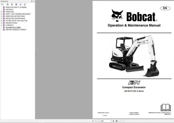 Bobcat Compact Excavator E34 Operation and Maintenance Manual 7323254 2020