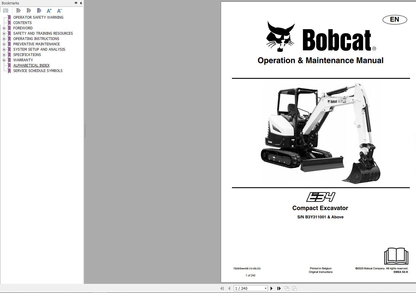Bobcat Compact Excavator E34 Operation and Maintenance Manual 7323254 2020
