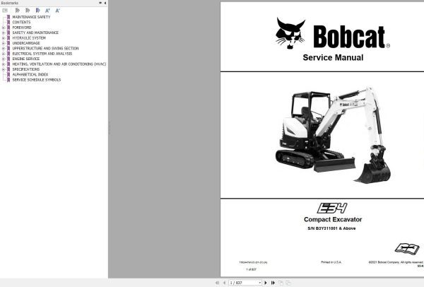 Bobcat Compact Excavator E34 Service Manual 7362447 2021