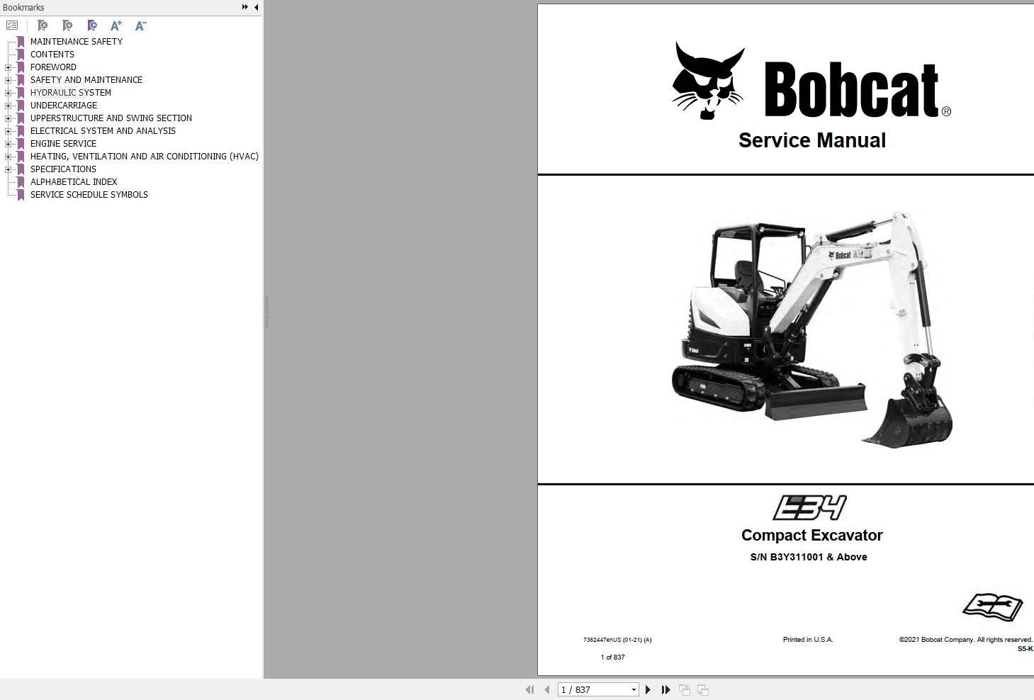 Bobcat Compact Excavator E34 Service Manual 7362447 2021