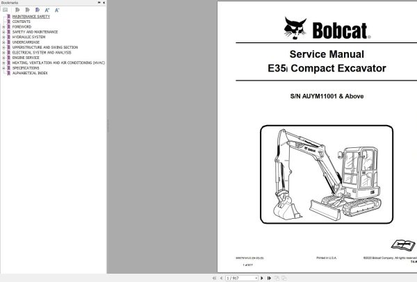 Bobcat Compact Excavator E35i Service Manual 6990761 2020