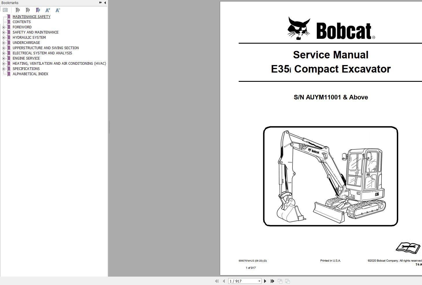 Bobcat Compact Excavator E35i Service Manual 6990761 2020