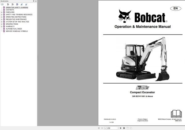 Bobcat Compact Excavator E35z Operation and Maintenance Manual 2020