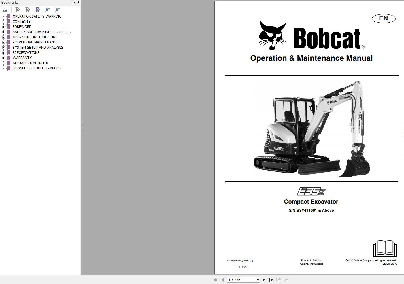 Bobcat Compact Excavator E35z Operation and Maintenance Manual 2020