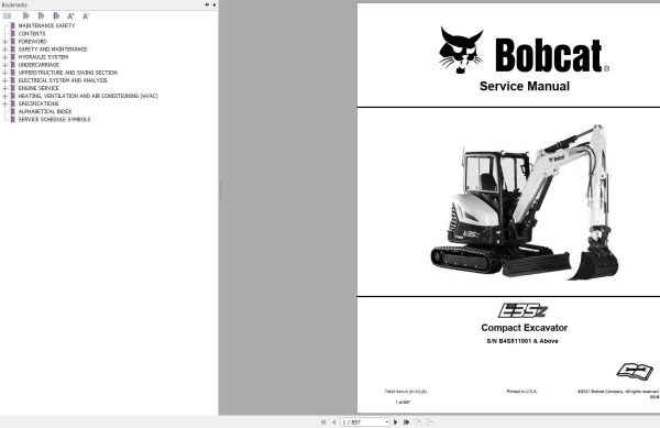 Bobcat Compact Excavator E35z Service Manual 2021