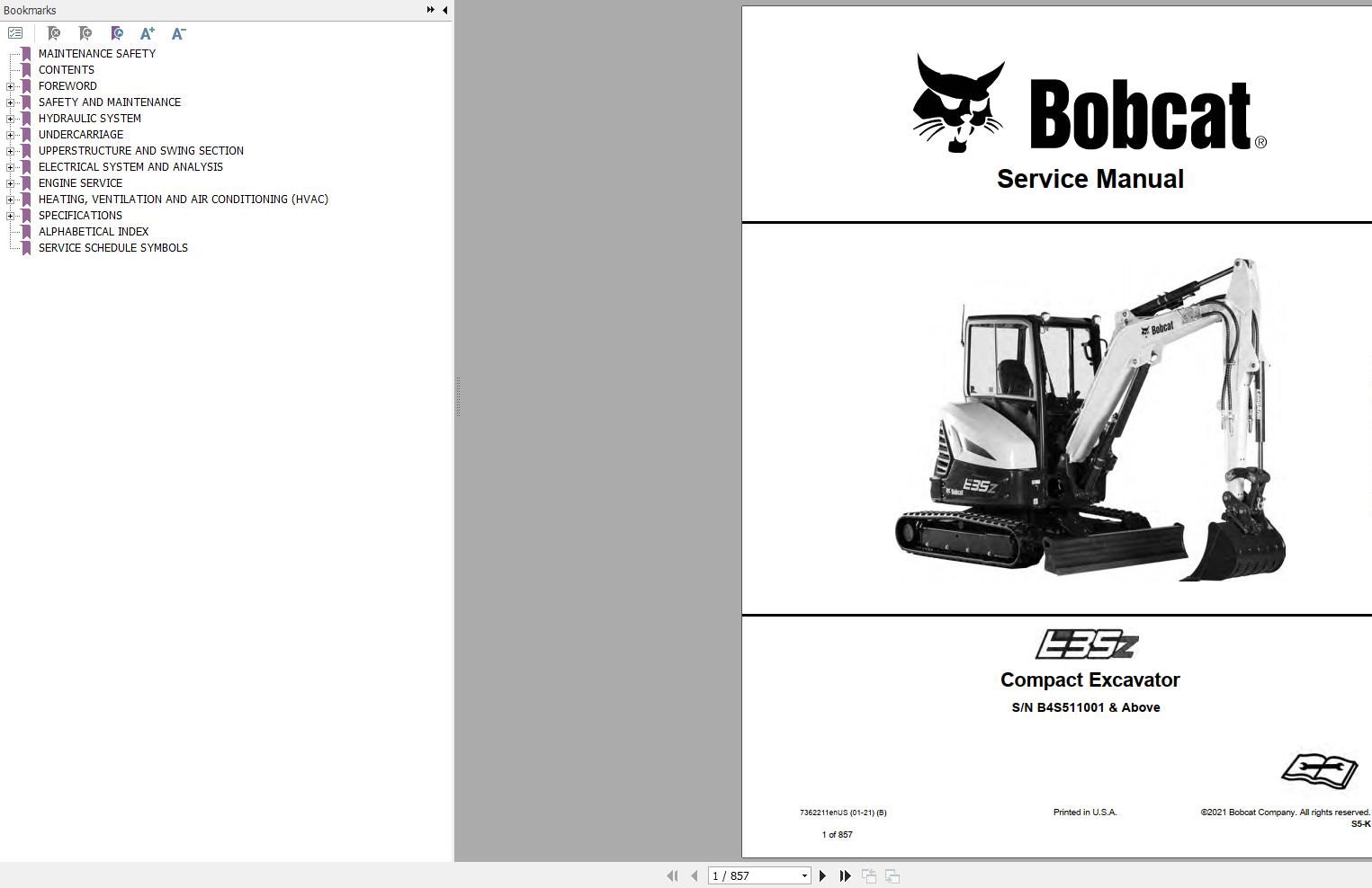 Bobcat Compact Excavator E35z Service Manual 2021