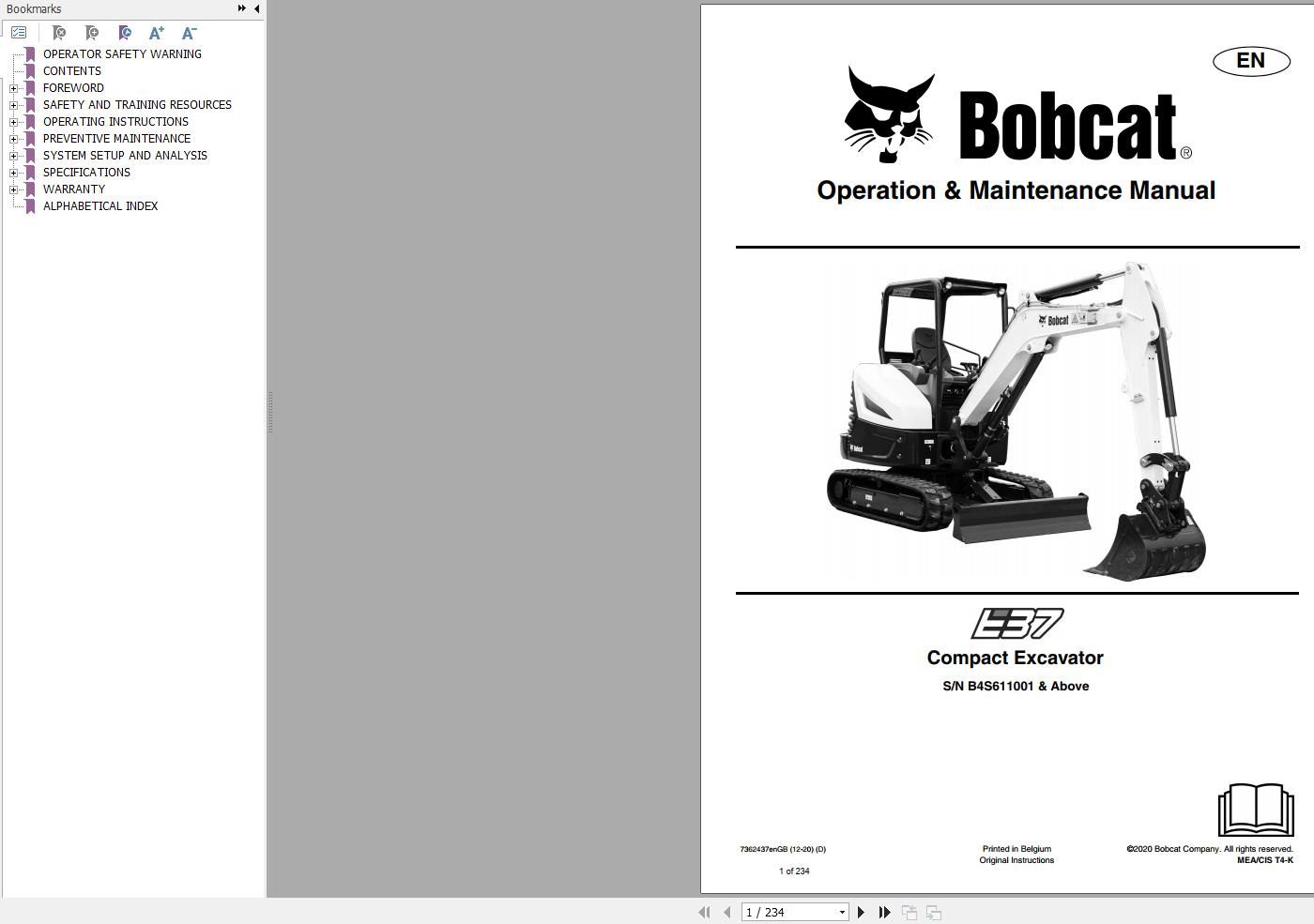 Bobcat Compact Excavator E37 Operation and Maintenance Manual 7362437 2020
