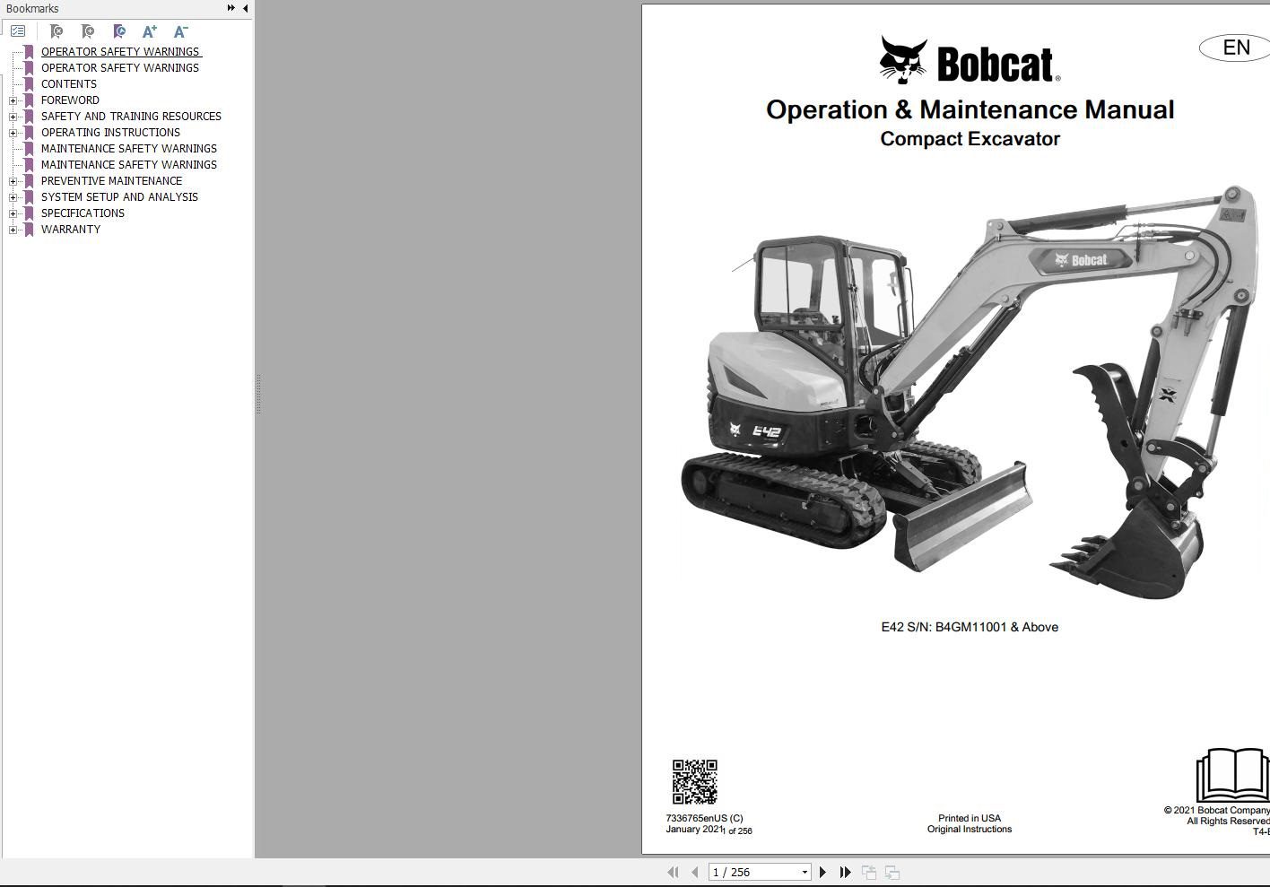 Bobcat Compact Excavator E42 Operation and Maintenance Manual 7336765 2021